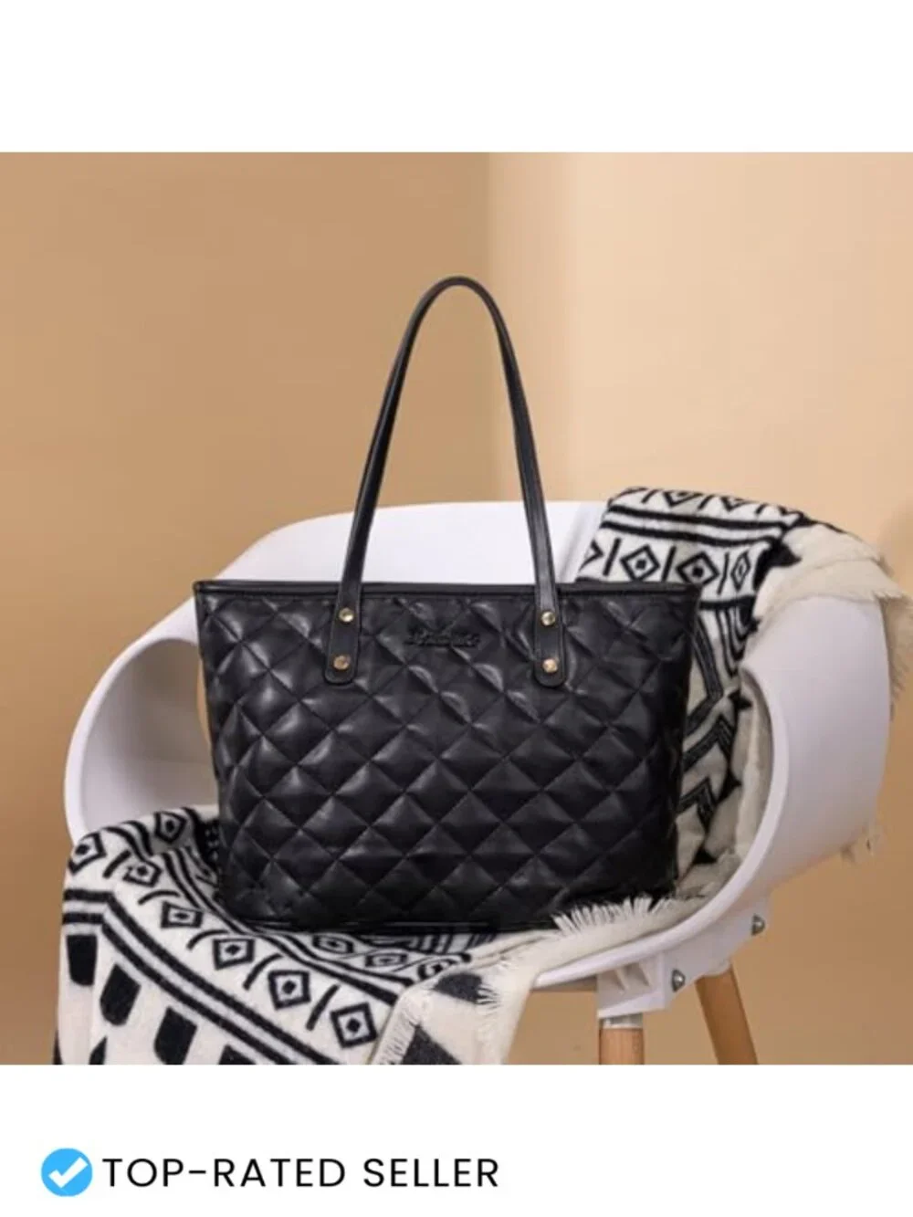 Quilted Vegan Leather Tote Bag with Top Zipper Shoulder Handbag